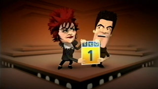 ITV1 break bumper with caricatures of The X Factor judges Sharon Osbourne and Simon Cowell carrying a placard with the ITV1 logo on it (14K)