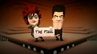 ITV1 break bumper with caricatures of The X Factor judges Sharon Osbourne and Simon Cowell carrying a placard with 'THE FINAL' written on it (14K)