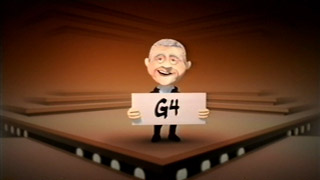 ITV1 break bumper with a caricature of The X Factor judge Louis Walsh carrying a placard with 'G4' written on it (12K)