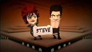 ITV1 break bumper with caricatures of The X Factor judges Sharon Osbourne and Simon Cowell carrying a placard with 'STEVE' written on it (14K)