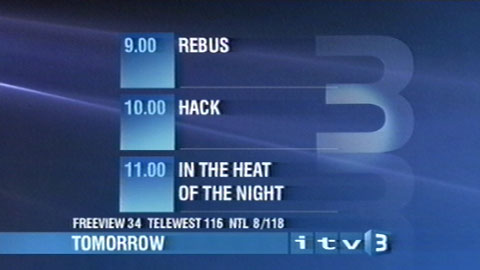ITV3 Opening Night Programme Menu - 9.00 REBUS; 10.00 HACK; 11.00 IN THE HEAT OF THE NIGHT - Tomorrow on ITV3 (20K)