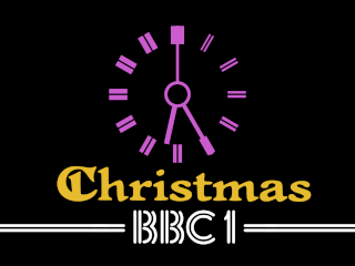 Clock with purple hands and dial, yellow Christmas lettering and white stripy BBC 1 legend all on a black background