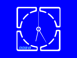 BBC 2 square clock, white on a blue background with light blue logo in the bottom left-hand corner