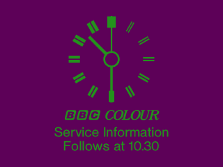 BBC COLOUR Service Information Clock - green on a purple background