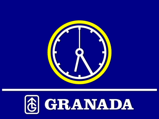 An analogue clock face with white hands and a yellow outer ring. Underneath are the Granada symbol enclosed in a rounded rectangle and the large GRANADA lettering to its right