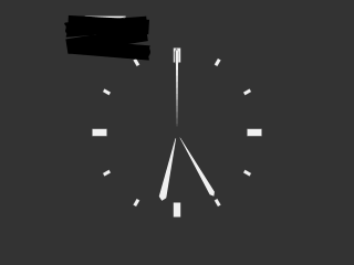 White clock on a dark background with a block of black tape in the top left-hand corner