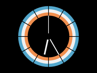 Clock with dial of orange, white and light blue stripes
