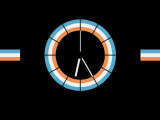 Clock with dial of orange, white and light blue stripes, flanked by horizontal stripes