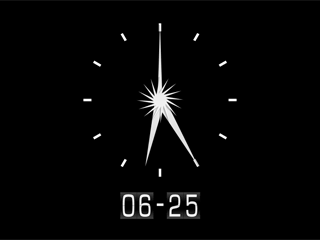 Analogue clock on a black background with digital clock underneath