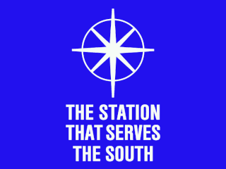 Southern symbol above THE STATION THAT SERVES THE SOUTH. White on a blue background