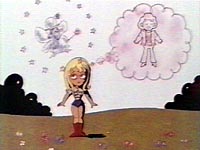A cartoon image of a blonde girl outside in a field shown with her fairy godmother in the air and a thought bubble containing a boy.