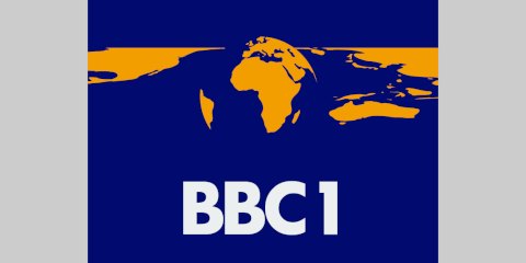 Orange globe on a dark blue background, with a stretched reflection of it in a band across the middle and BBC 1 underneath in Futura Bold