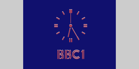 Purple clock and stripy BBC 1 legend all with a white shadow on a blue background