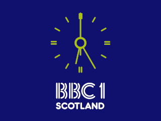Clock with olive green, rounded hands and hour markers, white BBC 1 SCOTLAND legend all on a blue background
