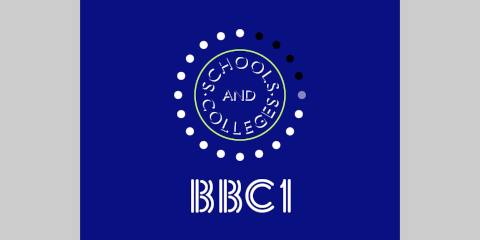 20 white dots surround a lime green circle with SCHOOLS AND COLLEGES inside; the twin-stripe BBC 1 logo is underneath
